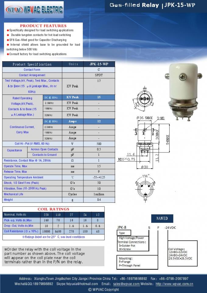 DC15KV SF6 High Voltage Gas Filled Relay For Capacitor Charging And Discharging