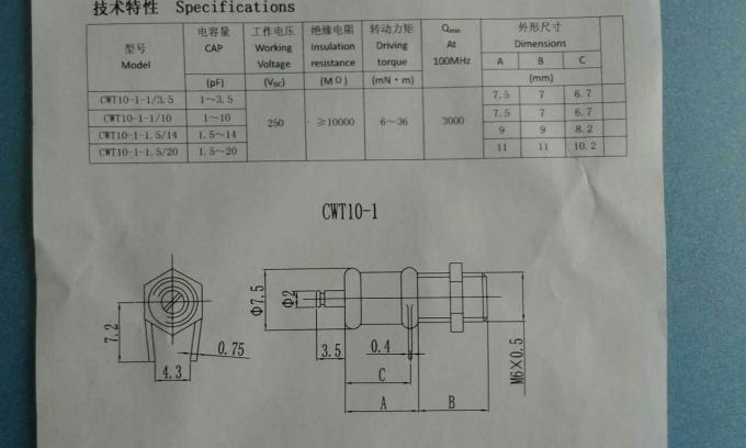 CWT10-1-1/10 Piston Trimmer Capacitor 1-10pF 250VDC Adjustable Capacitance