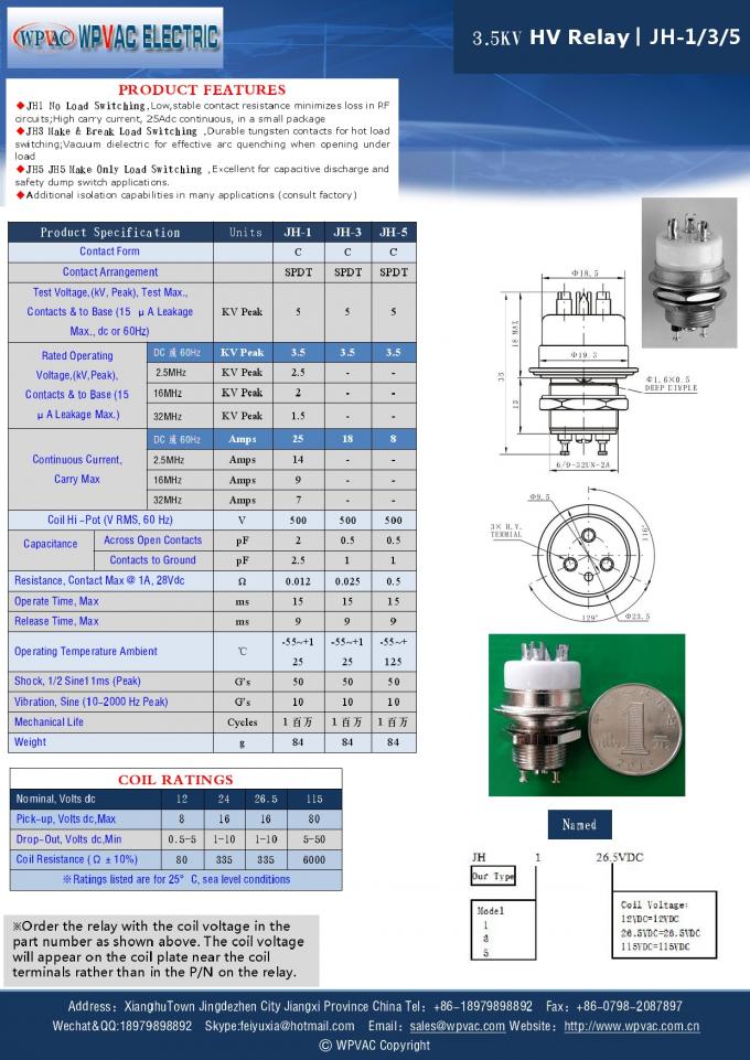 High Voltage SPDT Ceramic Vacuum Relays 5KVDC 25A High Carry Current